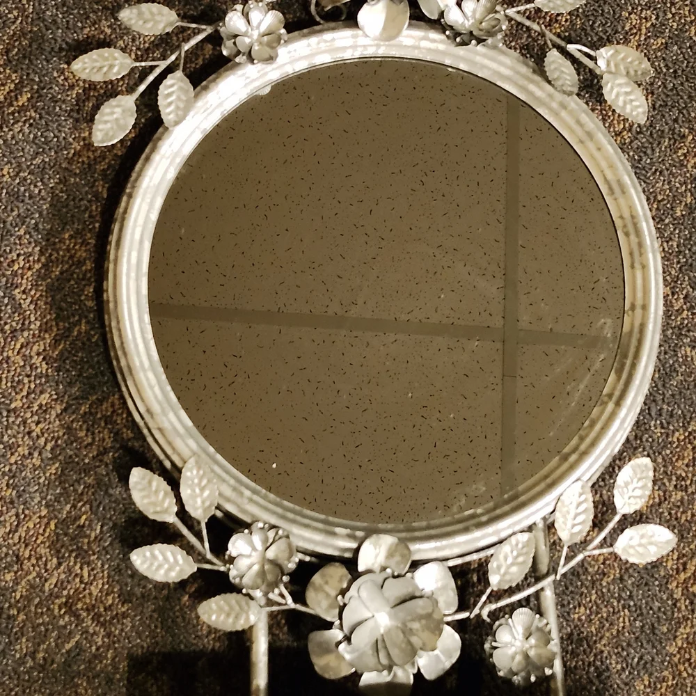 Decorative Silver Floral Round Mirror On Stand- Silver